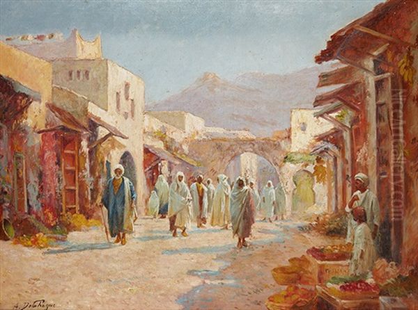 Rue Animee A Tetouan Oil Painting by Alexis Auguste Delahogue