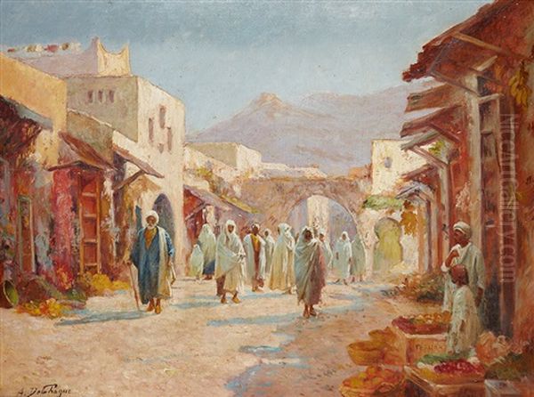 Rue Animee A Tetouan Oil Painting by Alexis Auguste Delahogue