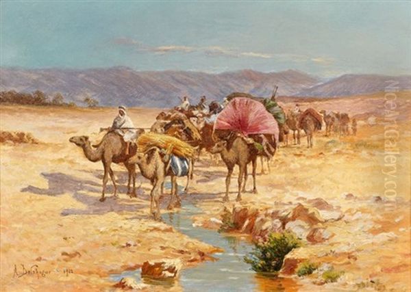 La Traversee De L'oued Oil Painting by Alexis Auguste Delahogue