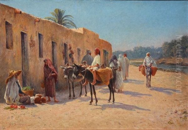 Aniers Arabes Et Marchande De Fruits Oil Painting by Alexis Auguste Delahogue