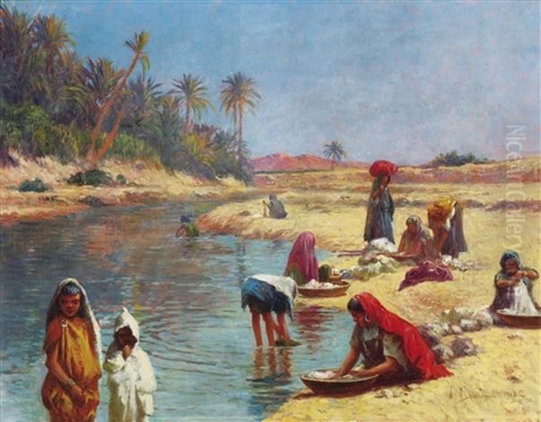 Laveuses A L'oued Oil Painting by Alexis Auguste Delahogue