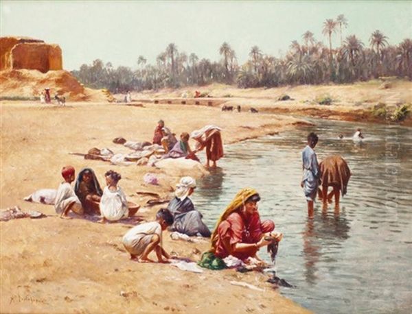 Les Lavandieres Au Bord De L'oued Oil Painting by Alexis Auguste Delahogue