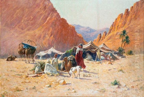 Campement A El-kantara Oil Painting by Alexis Auguste Delahogue