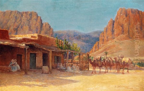 Caravane De Chameaux A El Kantara Oil Painting by Alexis Auguste Delahogue