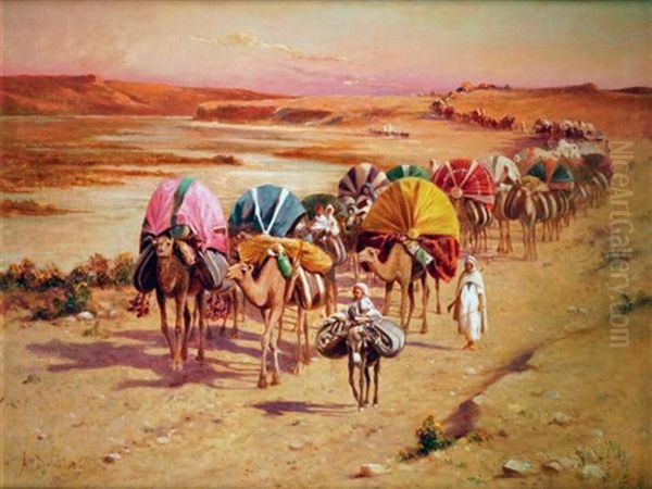 La Caravane Au Couchant Oil Painting by Alexis Auguste Delahogue