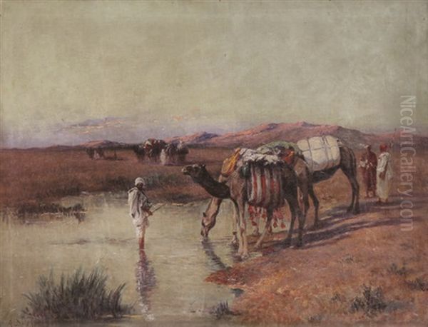 Caravane A L'abreuvoir Oil Painting by Alexis Auguste Delahogue