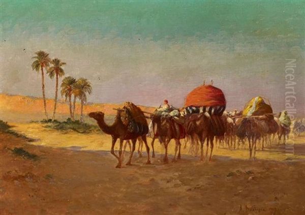 Kamelkarawane In Der Tunesischen Wuste Bei Gafsa Oil Painting by Alexis Auguste Delahogue