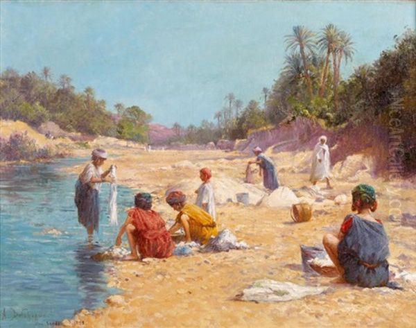 Lavandieres A Bou-saada Oil Painting by Alexis Auguste Delahogue