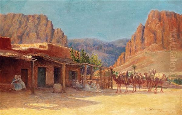 Caravane De Chameaux A El Kantara Oil Painting by Alexis Auguste Delahogue