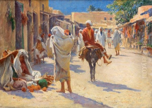 Rue Animee En Tunisie Oil Painting by Alexis Auguste Delahogue