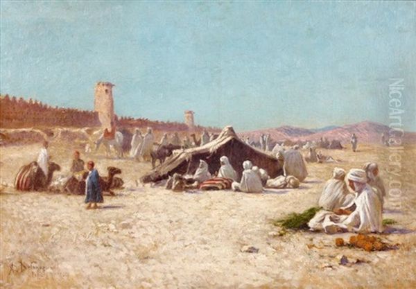 Le Campement Devant La Ville Fortifiee, Figuig (maroc) Oil Painting by Alexis Auguste Delahogue