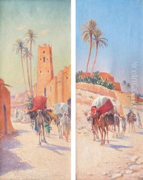 Le Convoi Berbere / La Caravane (pair) Oil Painting by Alexis Auguste Delahogue