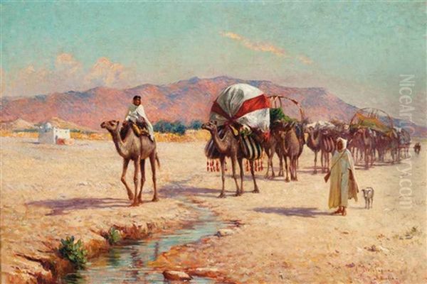 A Caravan Approaching A Stream In Biskra Oil Painting by Alexis Auguste Delahogue