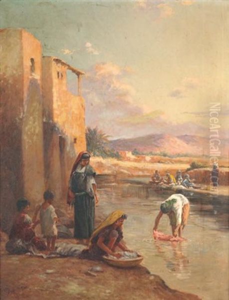 Lavandieres Aux Abords D'une Ville Oil Painting by Alexis Auguste Delahogue