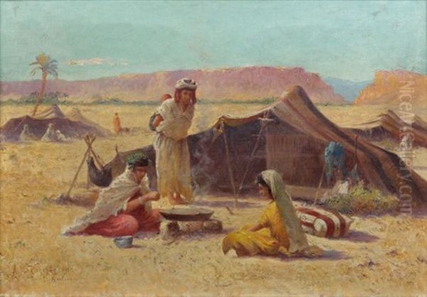 Campement Nomade A El Kantara Oil Painting by Alexis Auguste Delahogue