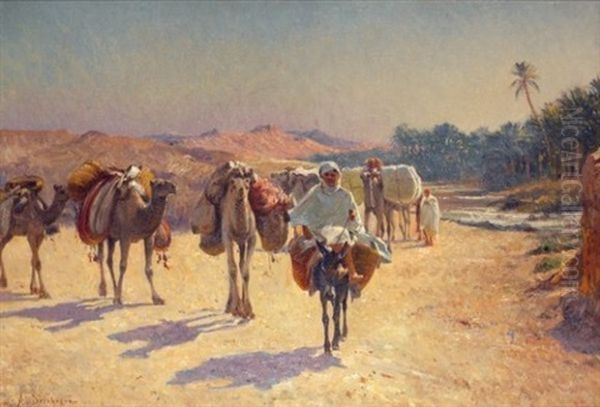 Caravane Devant L'oued Oil Painting by Alexis Auguste Delahogue