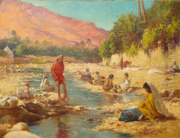 Bou Saada, Les Lavandieres Oil Painting by Alexis Auguste Delahogue