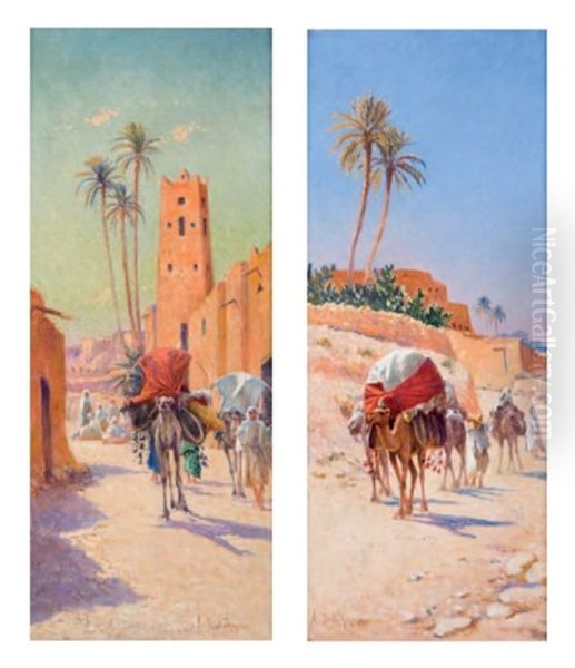 Le Convoi Berbere (+ La Caravane; Pair) Oil Painting by Alexis Auguste Delahogue