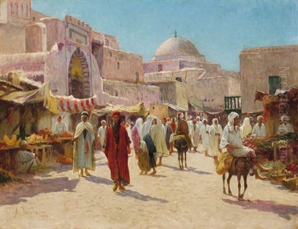 Marche, Rue Saussier A Kairouan Oil Painting by Alexis Auguste Delahogue