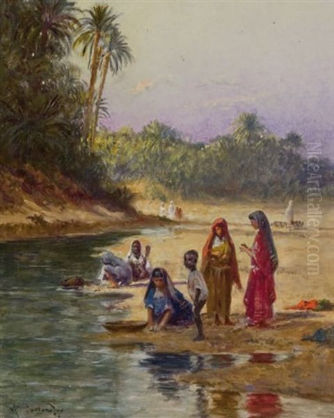 L'oued A Gabes Oil Painting by Alexis Auguste Delahogue