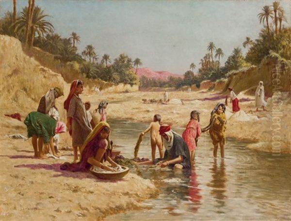 Lavandieres Dans L'oued De Gabes Oil Painting by Alexis Auguste Delahogue