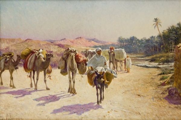 Caravane Au Bord De L'oued Oil Painting by Alexis Auguste Delahogue