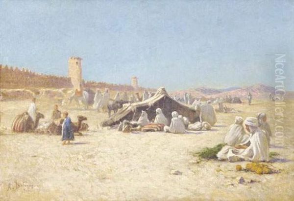 Campement Devant Les Remparts A Figuig Oil Painting by Alexis Auguste Delahogue