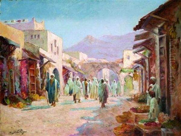 Rue Animee A Tetouan Oil Painting by Alexis Auguste Delahogue