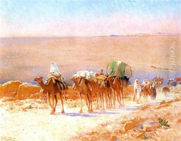 Caravane Dans Desert Oil Painting by Alexis Auguste Delahogue