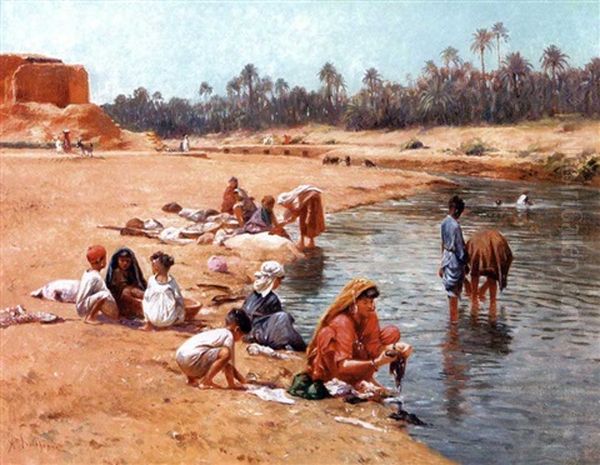 Les Lavandieres Dans L'oued Oil Painting by Alexis Auguste Delahogue