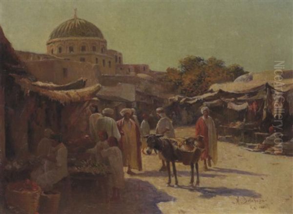 Rue Animee En Tunisie Oil Painting by Alexis Auguste Delahogue