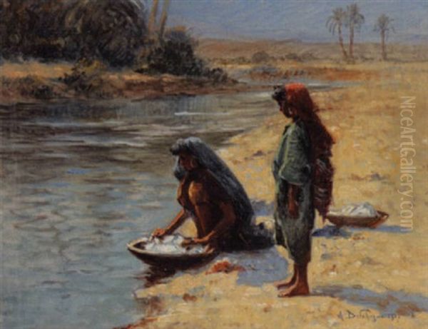 Les Lavandieres Au Bord De L'oued Oil Painting by Alexis Auguste Delahogue