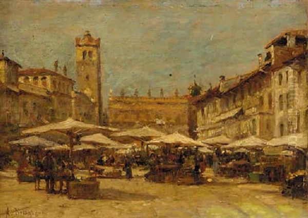 An Italian Town Square Oil Painting by Alexis Auguste Delahogue