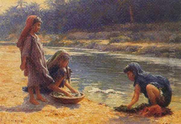 Trois Petites Algeriennes Lavant Leur Linge Dans Un Cours D'eau Oil Painting by Alexis Auguste Delahogue