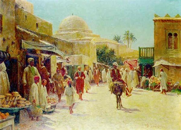 Promeneurs Et Marchands Dans Une Ville Tunisienne Oil Painting by Alexis Auguste Delahogue