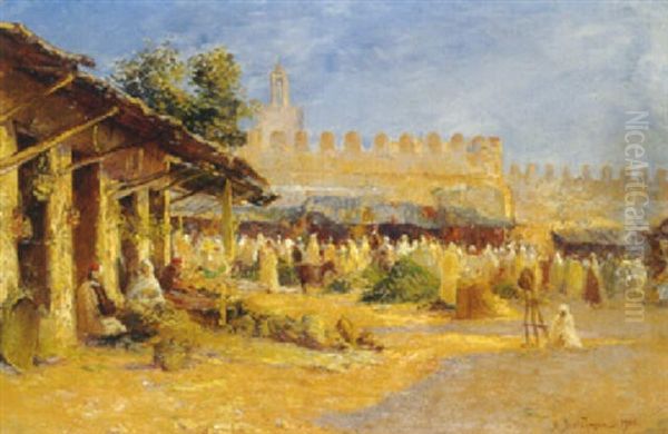 Scene De Marche A Biskra Oil Painting by Alexis Auguste Delahogue