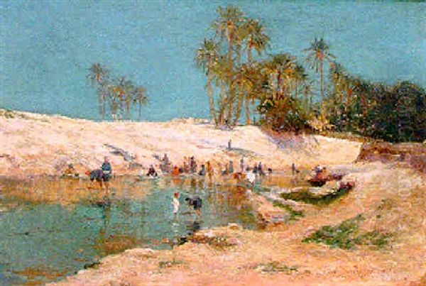 Lavanderas En Oued Oil Painting by Alexis Auguste Delahogue