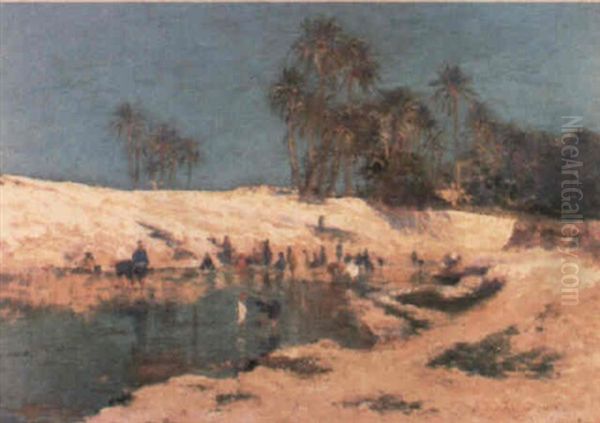 Lavanderas En Oued Oil Painting by Alexis Auguste Delahogue