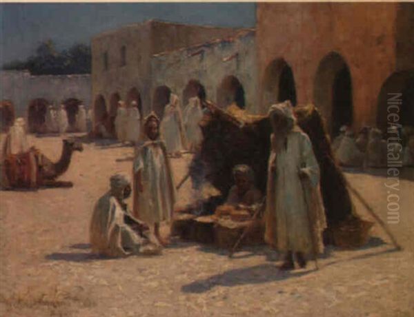 La Place De Biskra Oil Painting by Alexis Auguste Delahogue