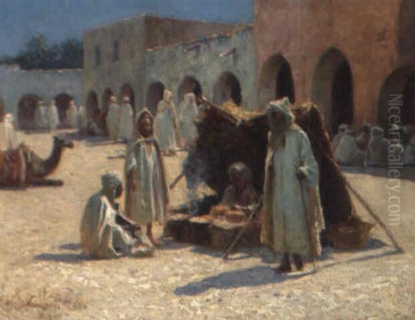 La Place De Biskra Oil Painting by Alexis Auguste Delahogue