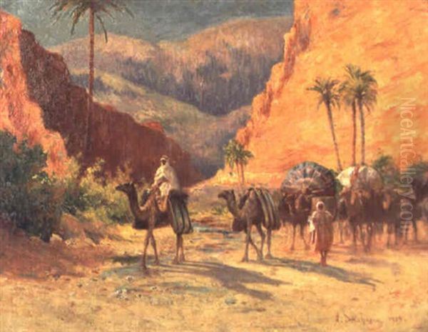 Caravane Et Palanquins En Algerie Oil Painting by Alexis Auguste Delahogue