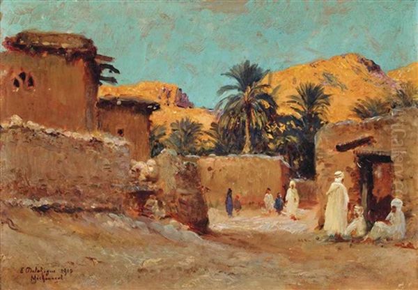 Arab Figures Resting Before A Mountainous Backdrop, Algeria Oil Painting by Eugene Jules Delahogue