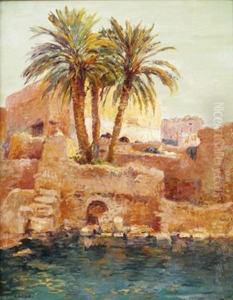 Vue De L'oasis A Gafsa Oil Painting by Eugene Jules Delahogue