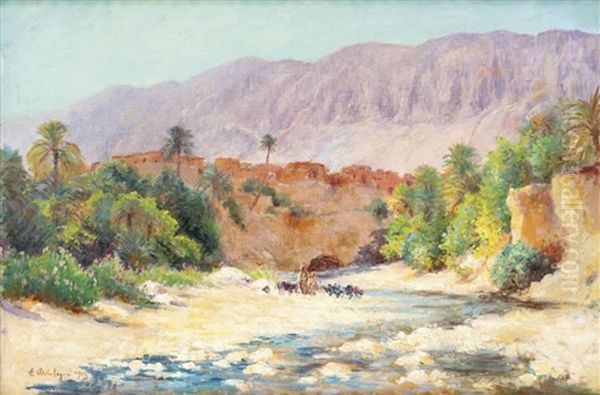 Village Et L'oued D'el Kantara Oil Painting by Eugene Jules Delahogue