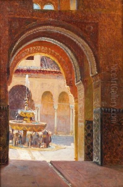 Fontaine Des Lyons Alhambra, Grenade Oil Painting by Eugene Jules Delahogue