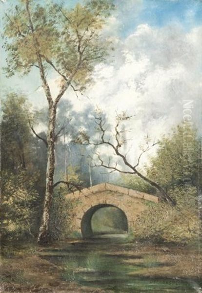 Paysage Au Pont Oil Painting by Eugene Jules Delahogue