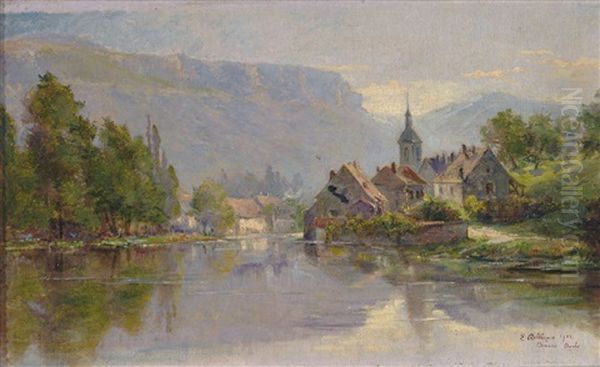 Flusslandschaft Mit Kirchdorf Und Berghintergrund Oil Painting by Eugene Jules Delahogue