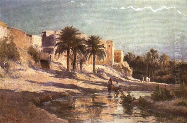 L'oasis De Gabes Oil Painting by Eugene Jules Delahogue