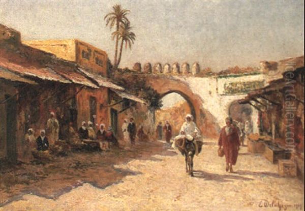 Rue Animee A Tanger Oil Painting by Eugene Jules Delahogue