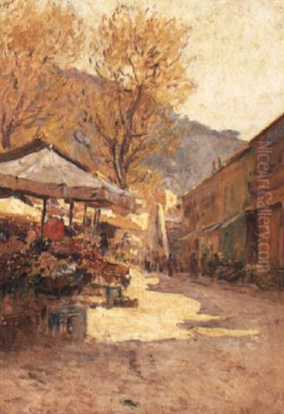 Le Marche Aux Fleurs Oil Painting by Eugene Jules Delahogue